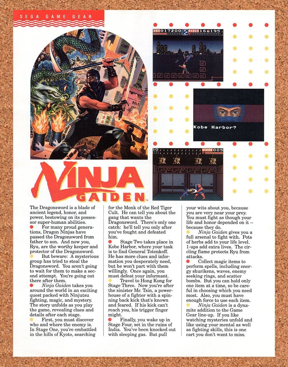 1991 Ninja Gaiden Game Gear Original Advertisement / Retro Wall Art v3