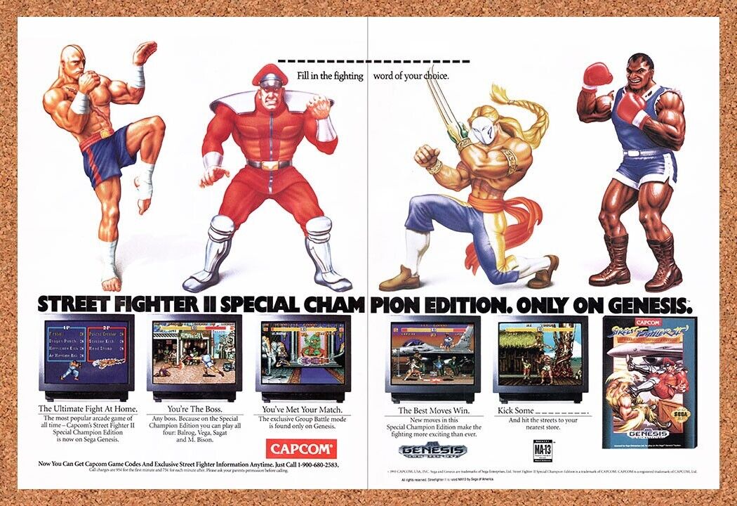 1993 Street Fighter 2 Champion Edition Genesis Original Ad / Retro Wall Art v3