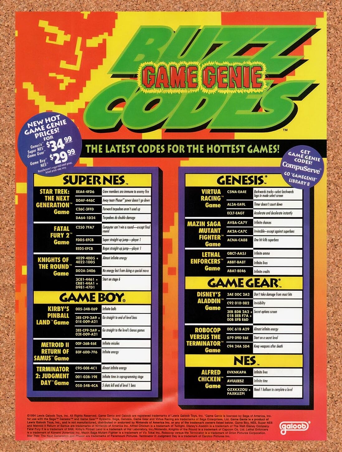 1994 Game Genie Buzz Codes Original Advertisement / Retro Wall Art v8
