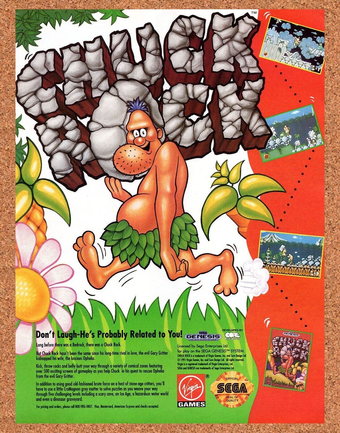 1991 Chuck Rock Genesis Original Advertisement / Retro Wall Art v1