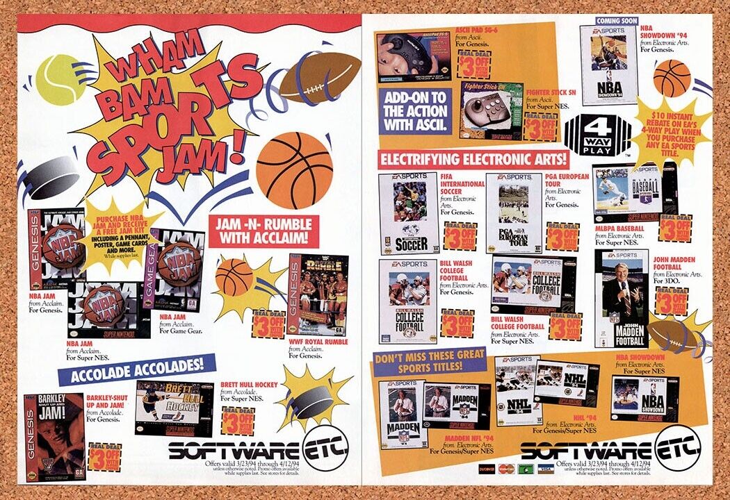 1994 Software Etc Sports Games Original Advertisement / Retro Wall Art v1