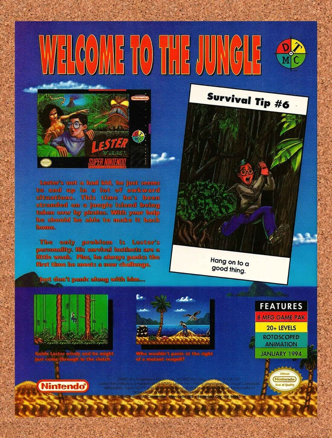 1994 Lester The Unlikely SNES Survival Tip #6 Original Ad / Retro Wall Art v3