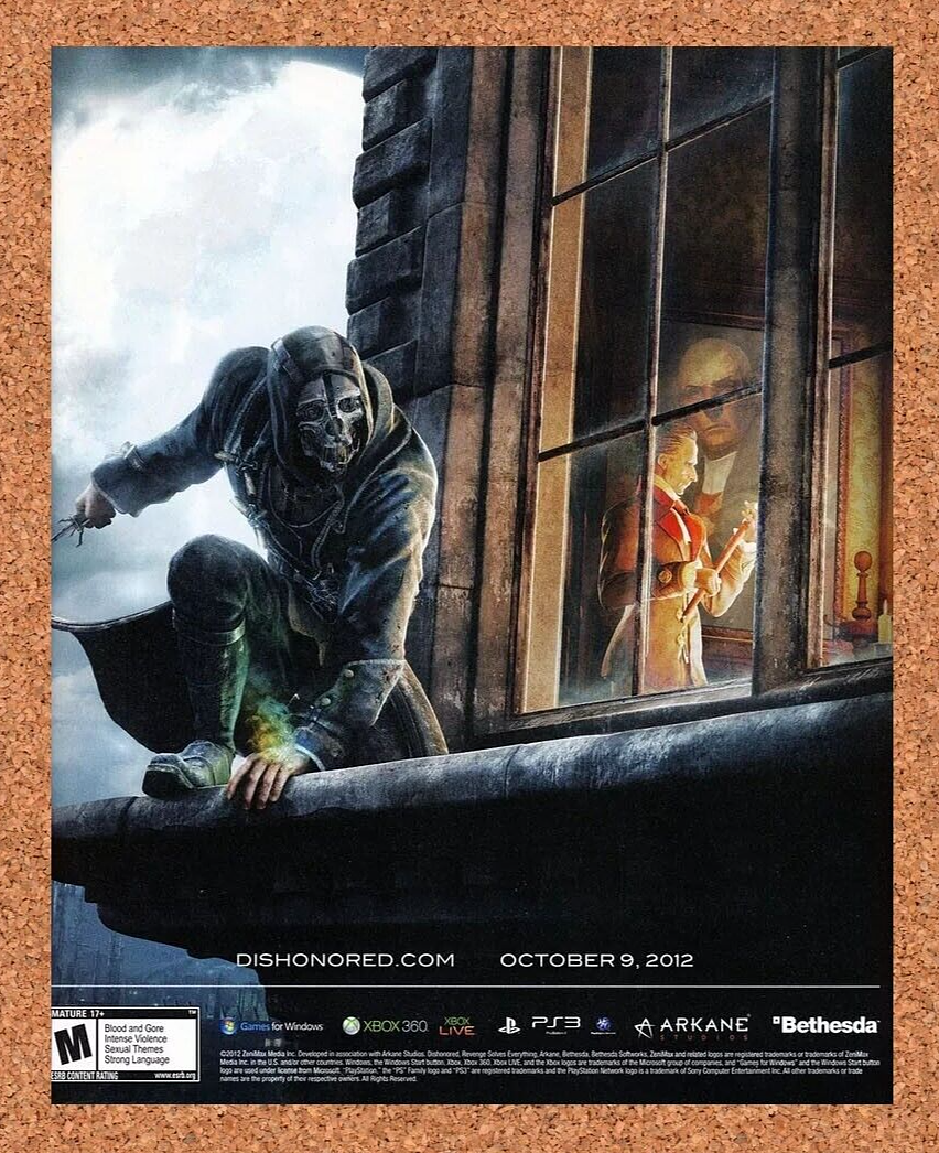 Dishonored PS3 Original 2012 Ad Authentic Bethesda Video Game Promo Artwork
