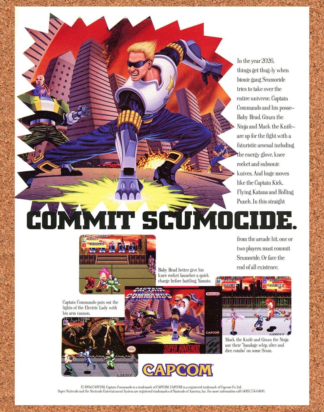 Captain Commando SNES Original 1994 Print Ad Authentic Video Game Wall Art Promo