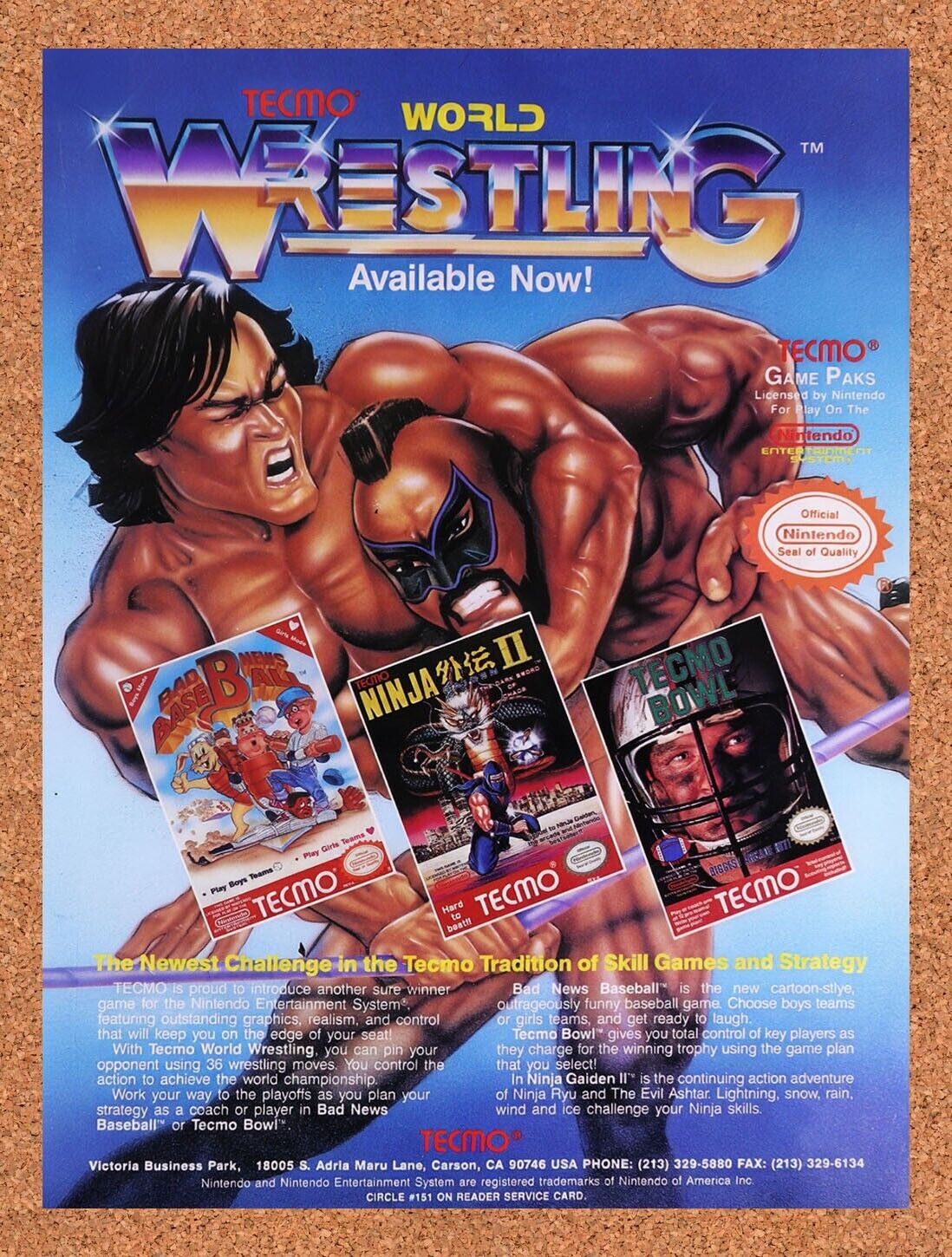 1990 Tecmo World Wrestling NES Original Advertisement / Retro Wall Art v1