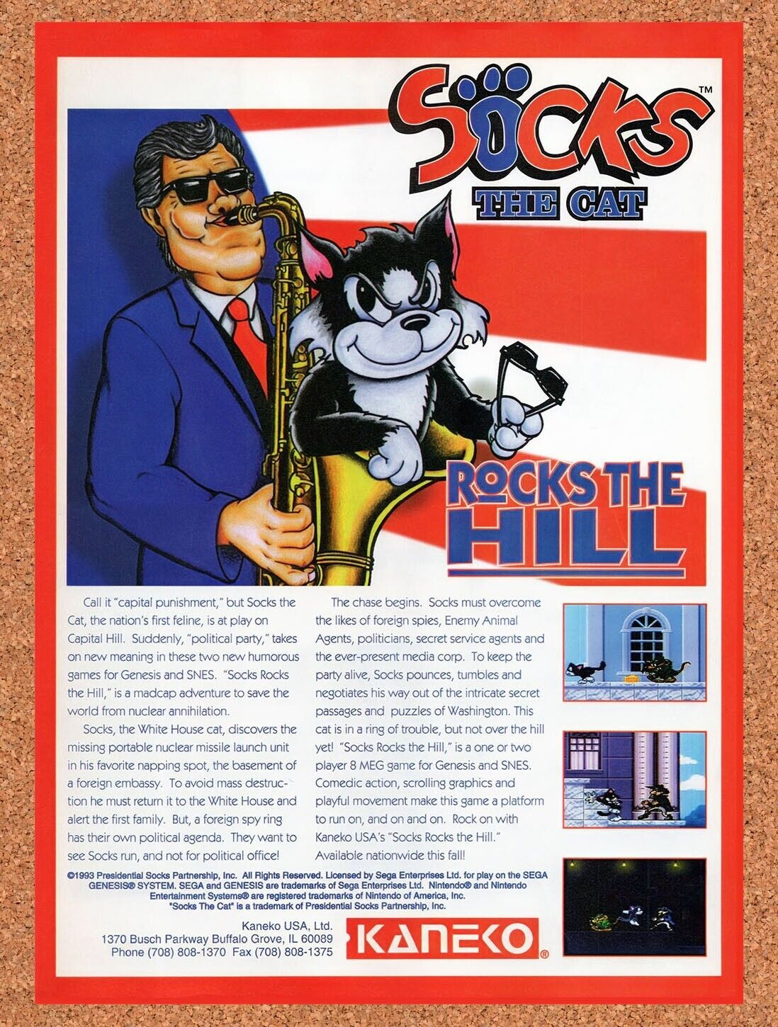 1993 Socks The Cat Rocks The Hill SNES Original Ad / Retro Wall Art v1