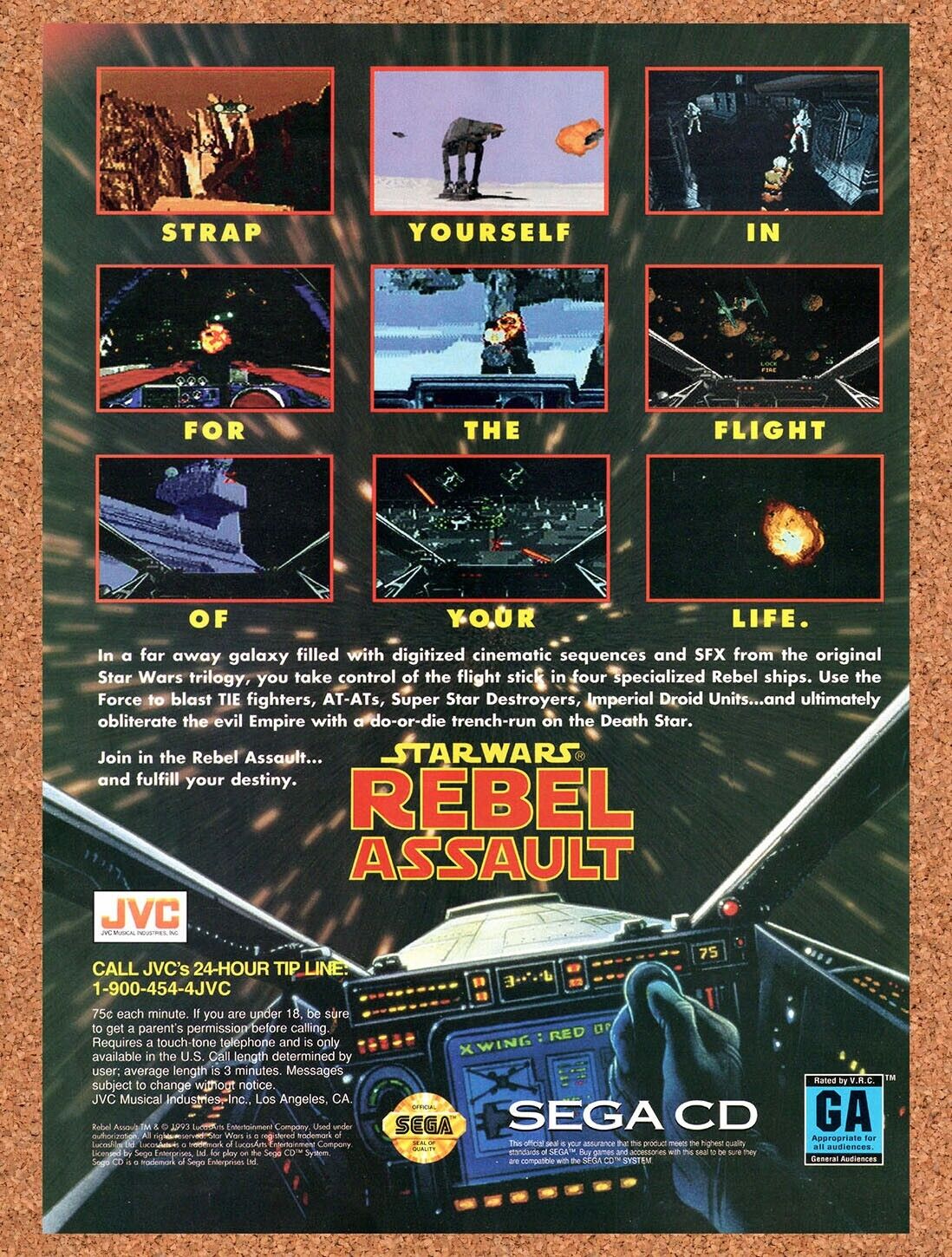 1994 Star Wars Rebel Assault Sega CD Original Advertisement / Retro Wall Art v3