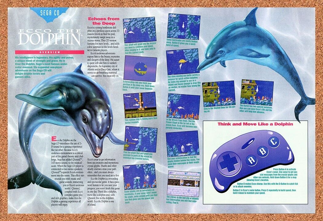 1993 Ecco The Dolphin Sega CD Original Advertisement / Retro Wall Art v2