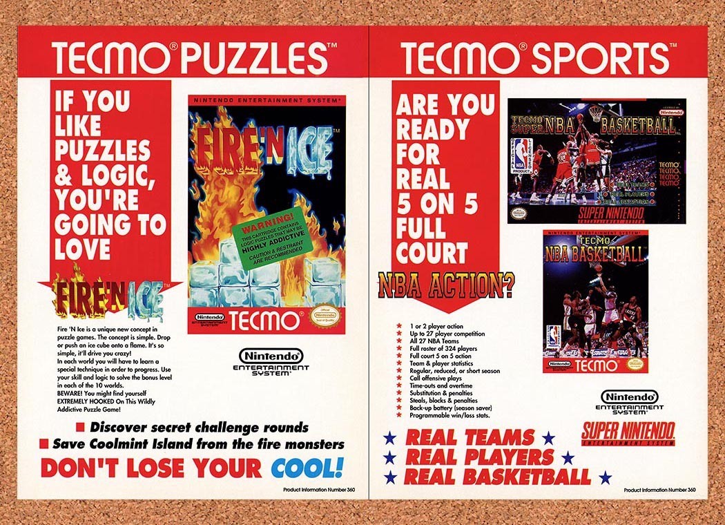 1993 Tecmo Nintendo Games Original Advertisement / Retro Promo v3