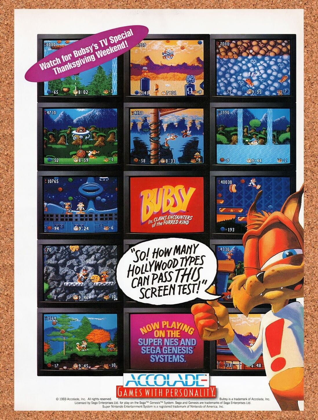 1993 Bubsy SNES Original Advertisement / Retro Wall Art v1