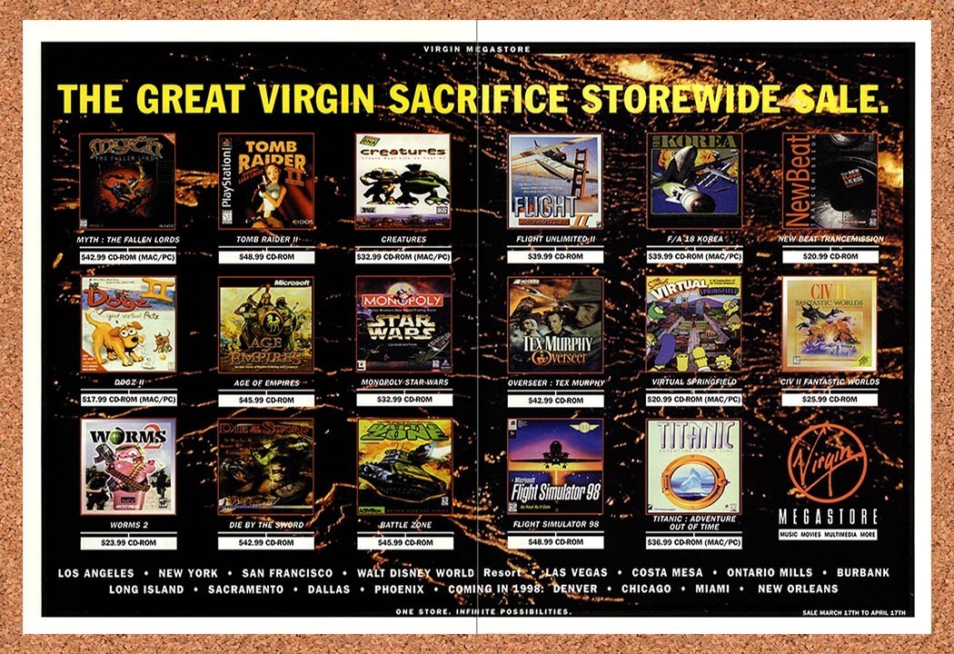 1998 Virgin Megastore PC Games Original Advertisement / Retro Promo v2