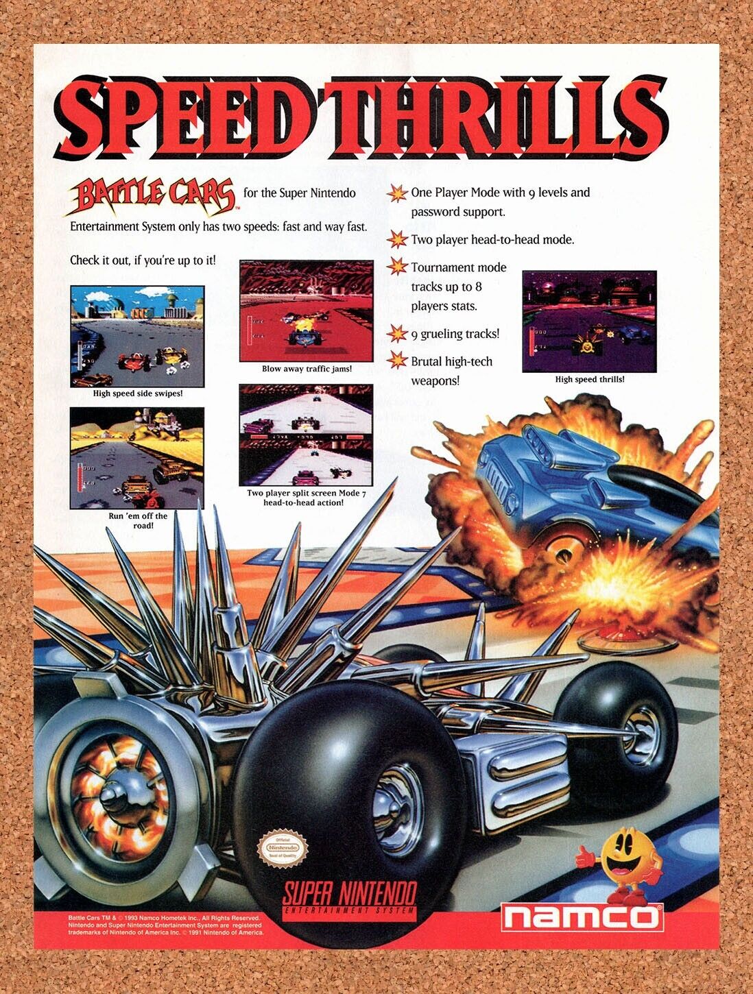 1994 Battle Cars SNES Original Advertisement / Retro Wall Art v1