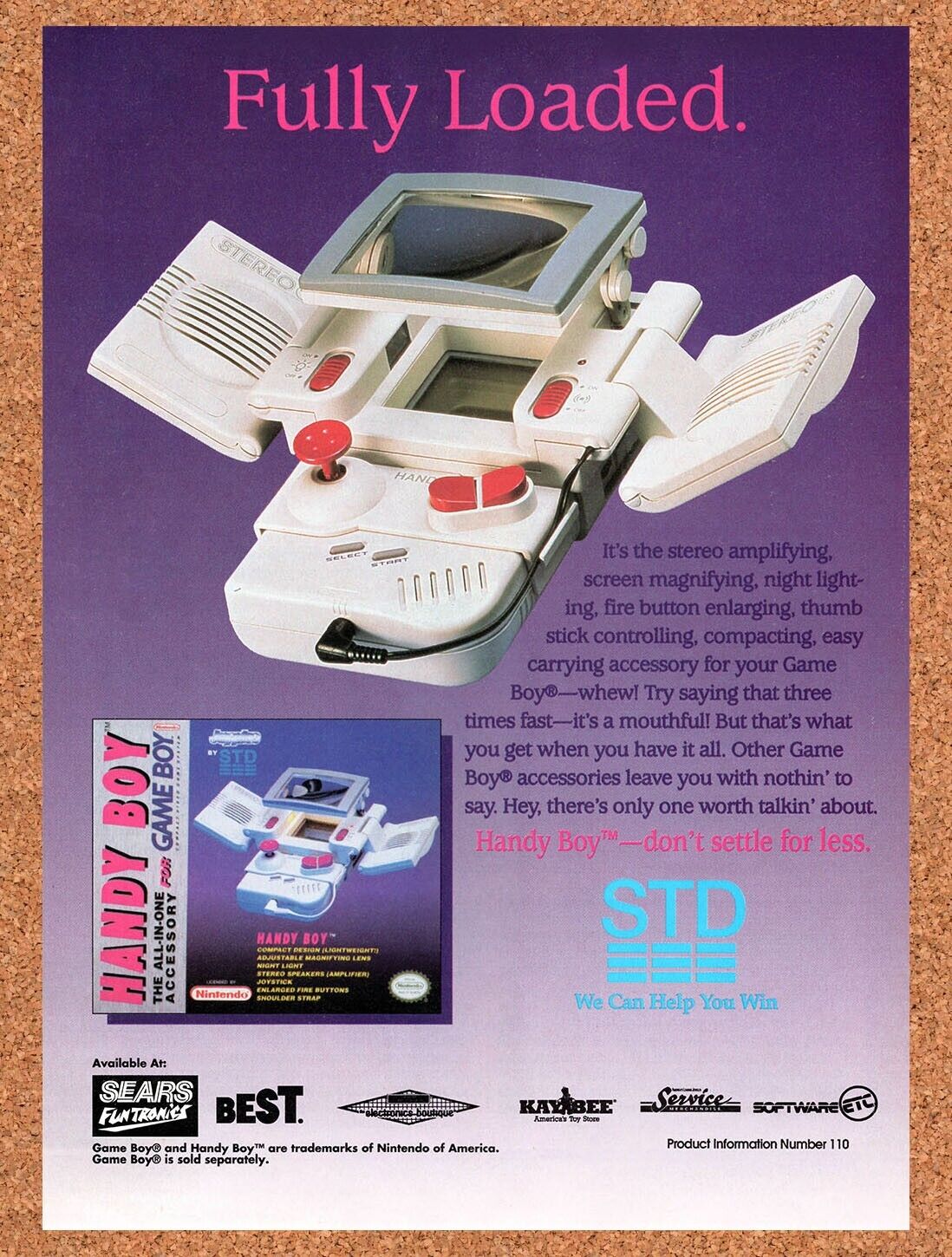 1993 STD Handy Boy Game Boy Accessory Original Advertisement / Retro Wall Art v1