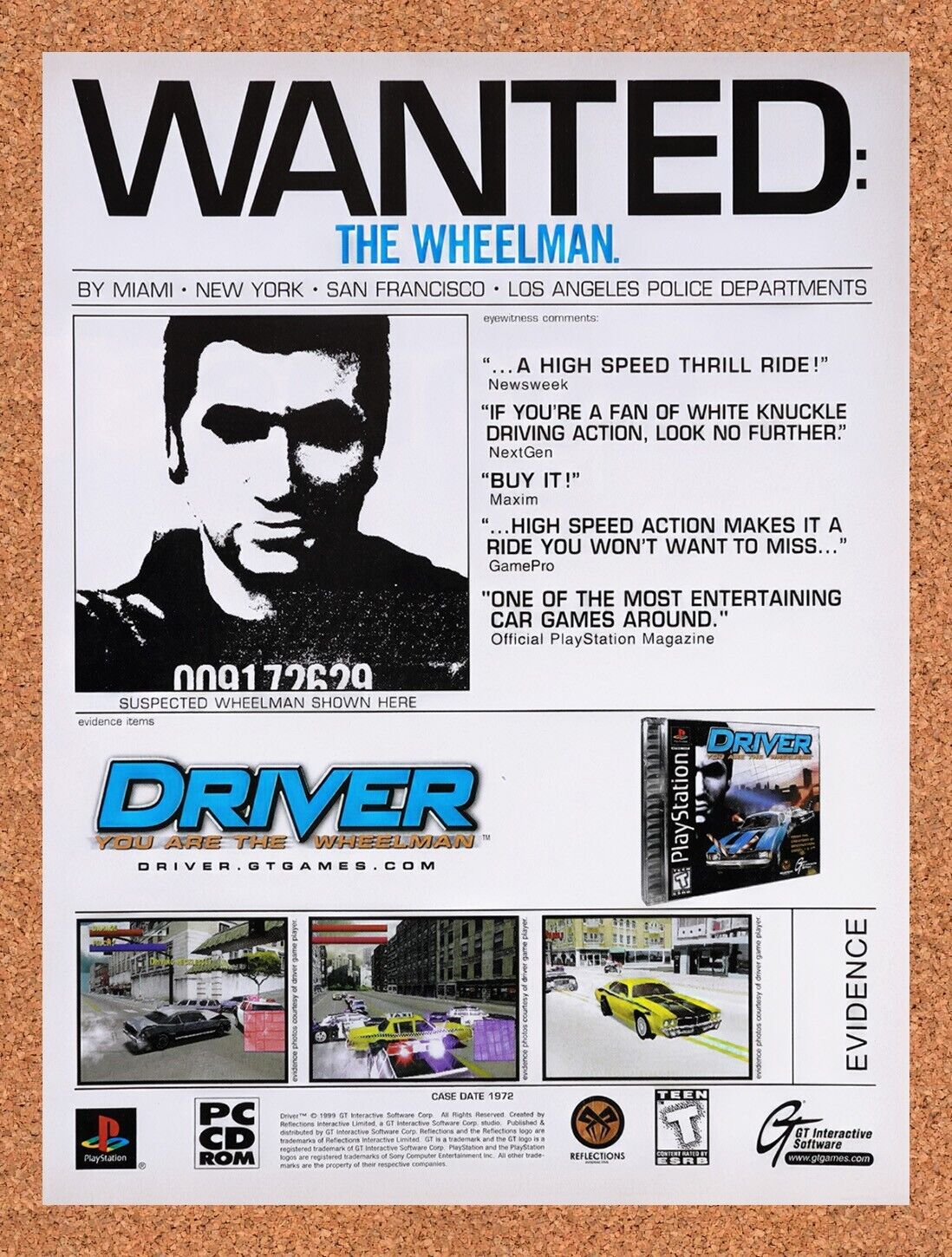 1999 Driver 1 You Are The Wheelman PS1 Original Ad / Retro Wall Art v3