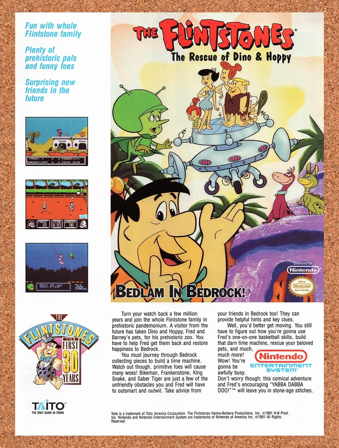 1991 Flintstones The Rescue Of Dino & Hoppy NES Original Ad / Promo v1