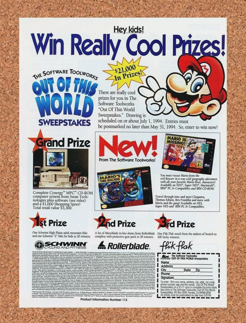 Mario Is Missing SNES Sweepstakes Original 1995 Ad Authentic Nintendo Promo