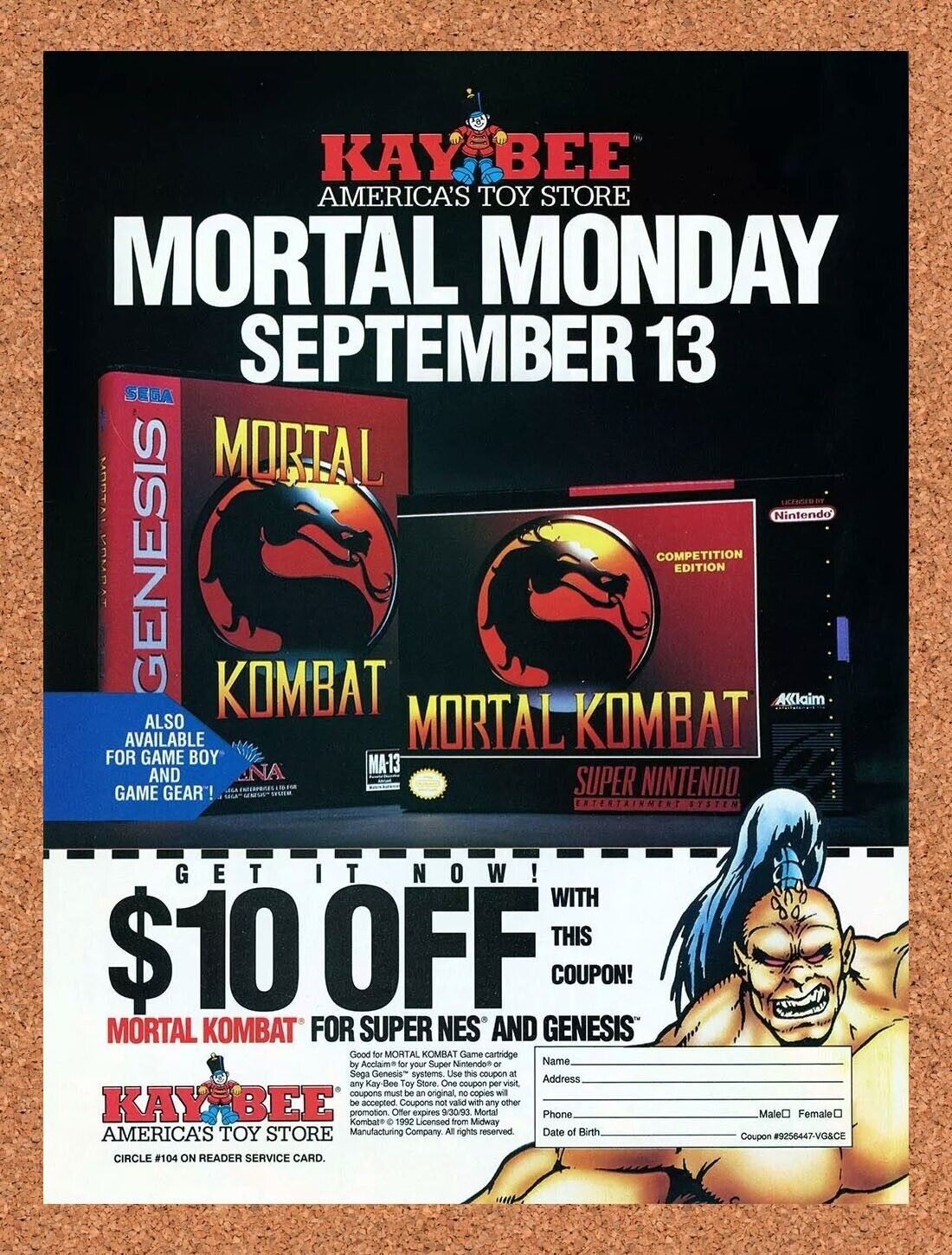 Mortal Kombat SNES Kaybee Toys Rebate Original 1993 Ad Authentic Promo