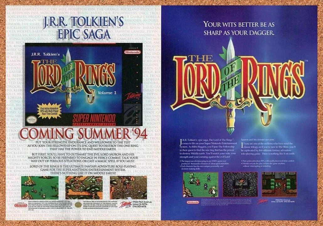Lord Of The Rings SNES Original 1995 Ad Authentic Nintendo Video Game Promo