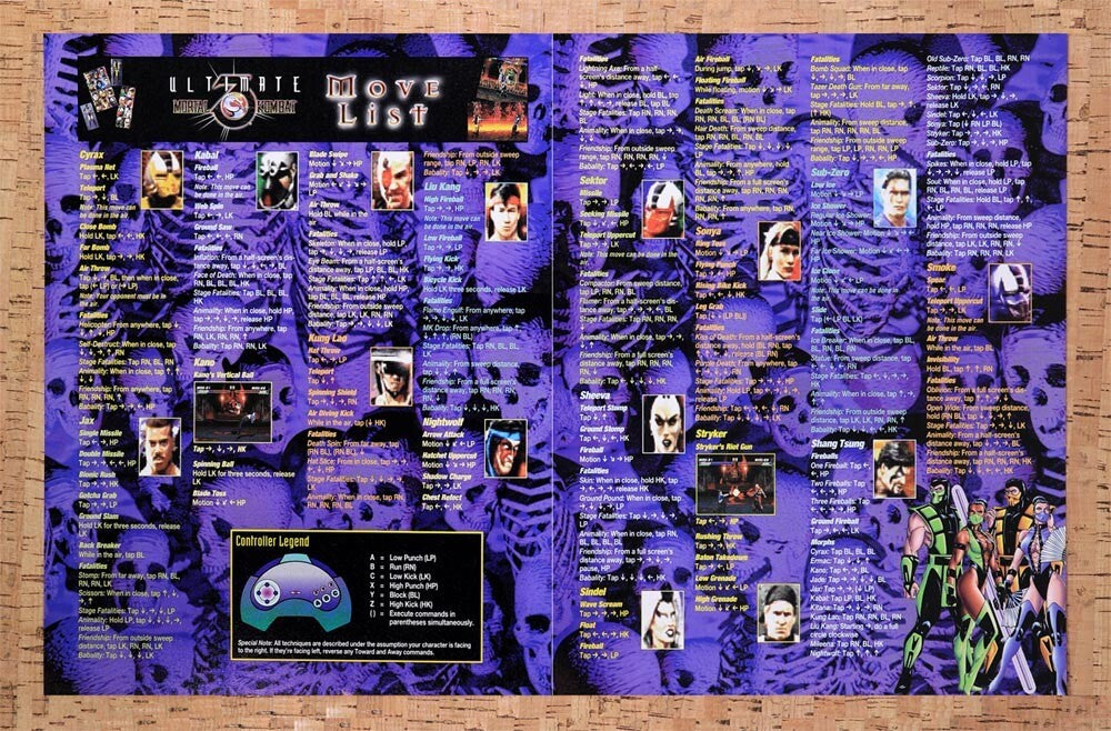 1996 Mortal Kombat 3 Ultimate Arcade Move List Original Ad / Retro Wall Art v3