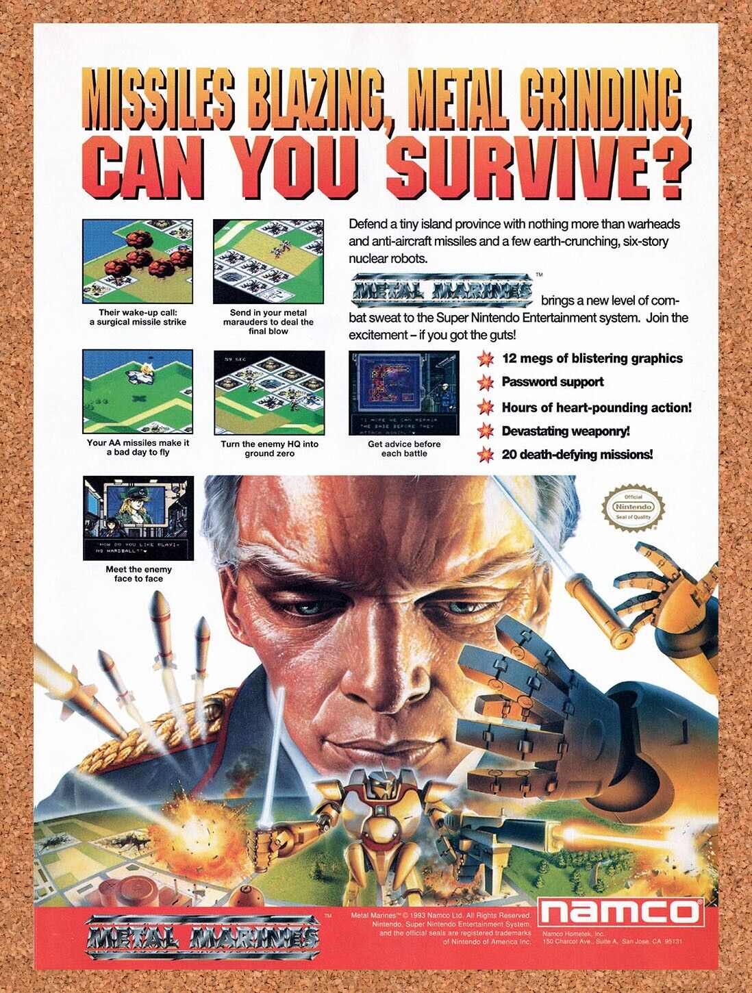 1994 Metal Marines SNES Original Advertisement / Retro Wall Art v1