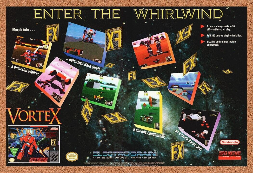 Vortex SNES Original 1994 Print Ad Authentic Nintendo Video Game Art Promo