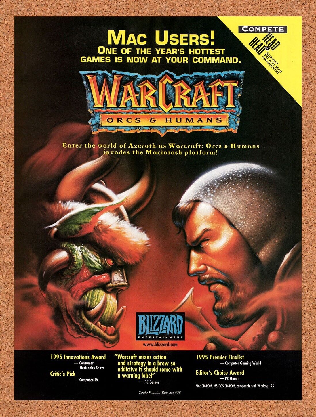 WarCraft Orcs vs Humans Mac Original 1995 Vintage Ad - Video Game Promo