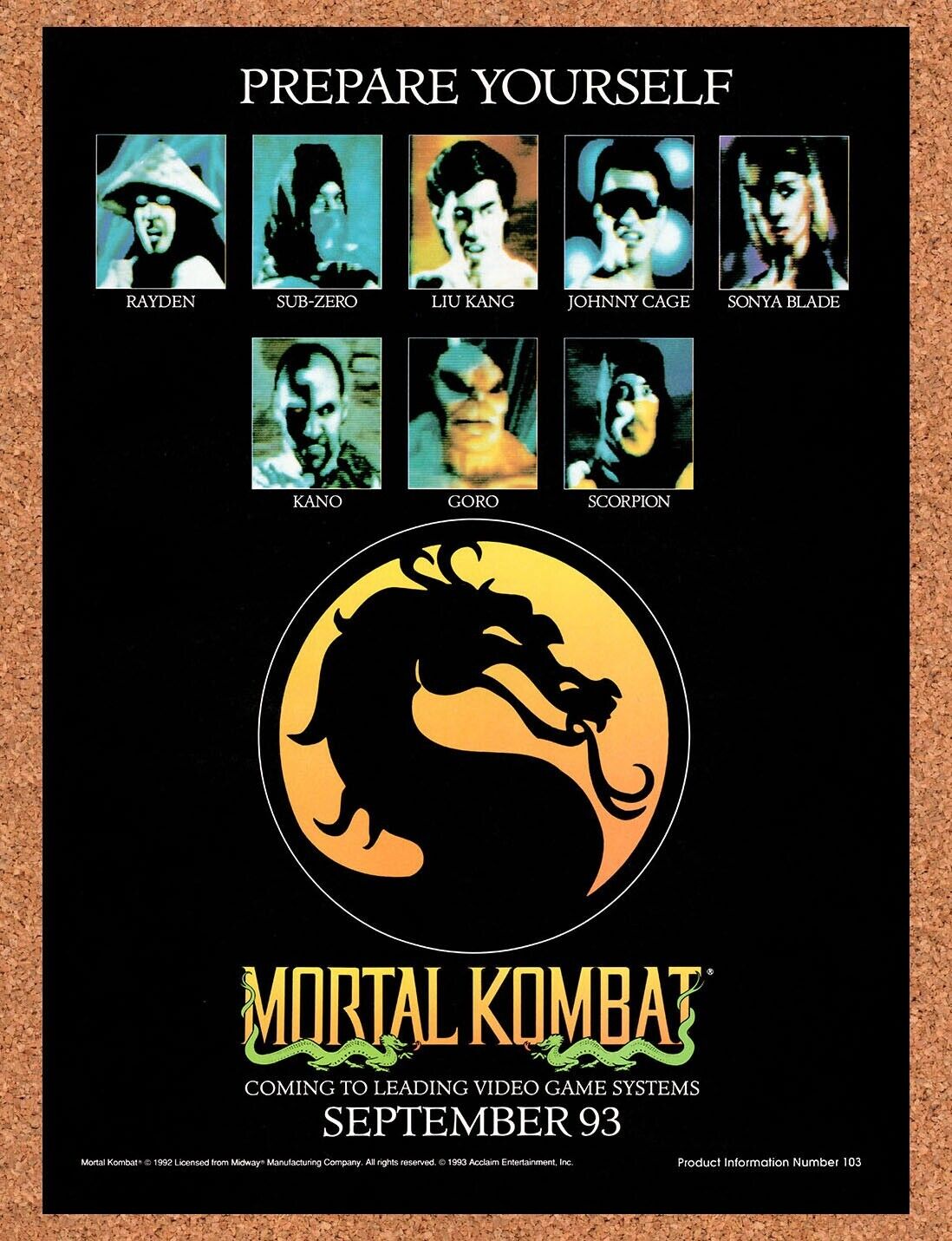 1993 Mortal Kombat Genesis SNES Original Advertisement / Retro Wall Art v14