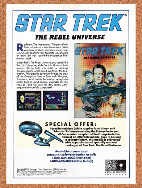 1988 Star Trek The Rebel Universe Atari ST Original Ad / Retro Wall Art v1