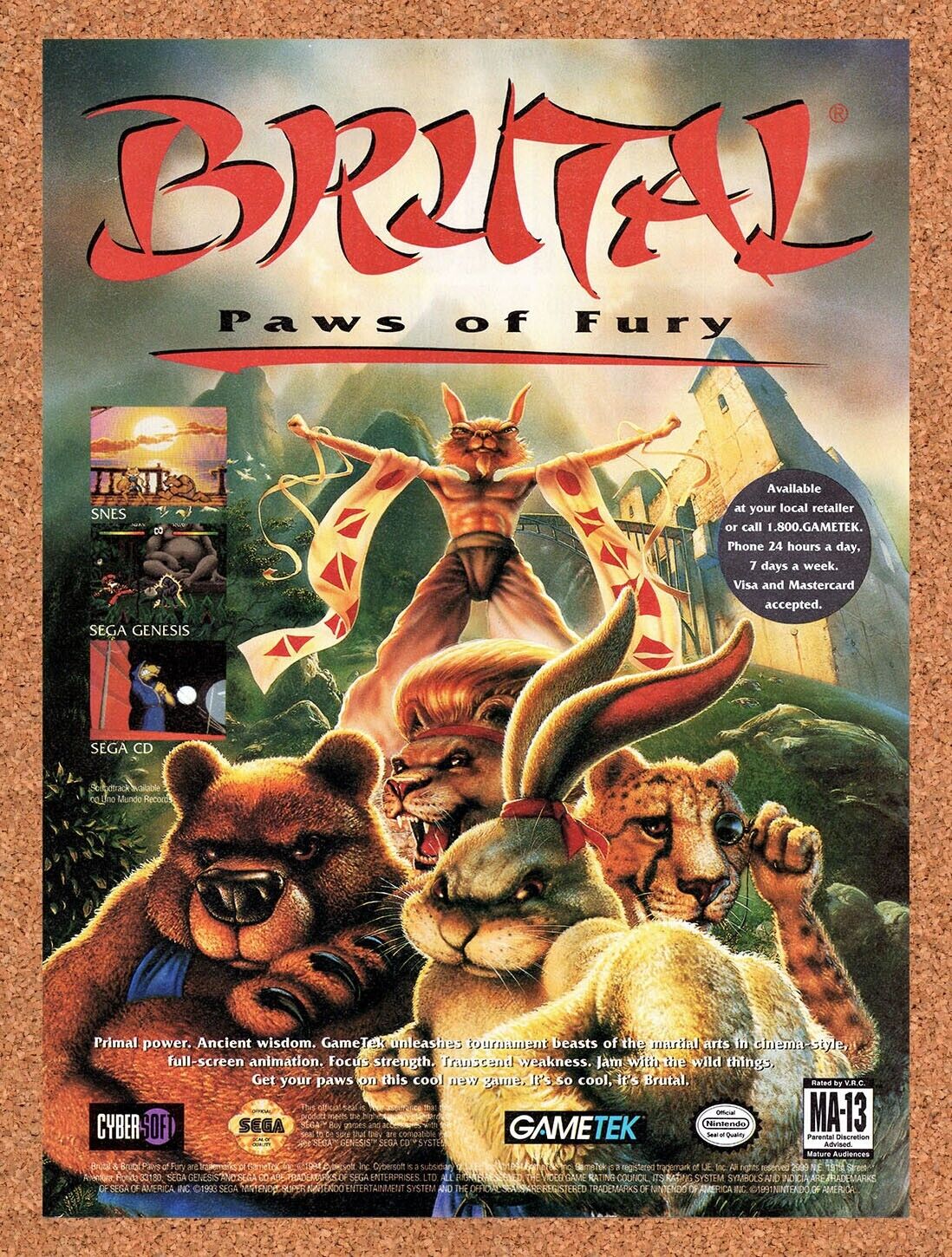 1994 Brutal Paws Of Fury Genesis Original Advertisement / Retro Wall Art v1