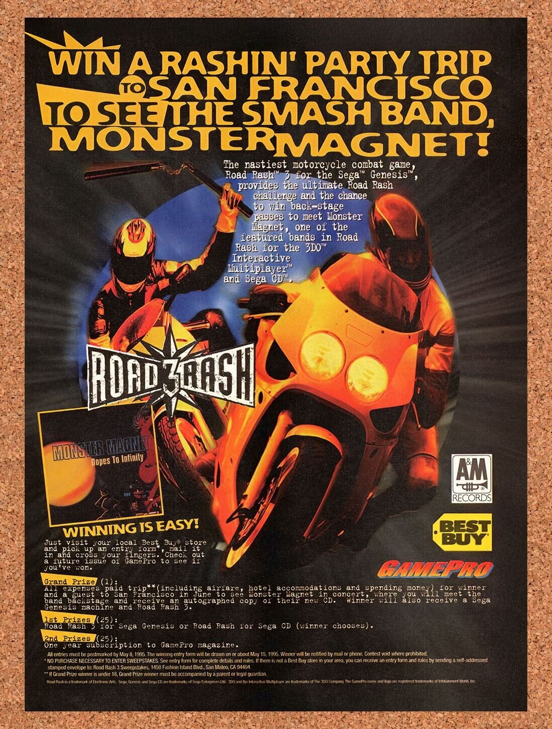 1995 Road Rash 3 Sweepstakes Original Advertisement / Retro Wall Art v4