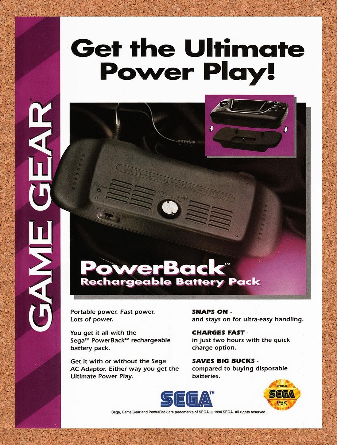 1994 Sega Game Gear PowerBack Battery Pack Original Advertisement / Promo va2