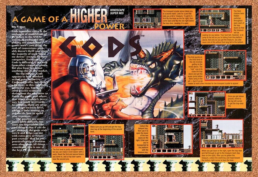 1993 Gods SNES Original Advertisement / Retro Wall Art v1