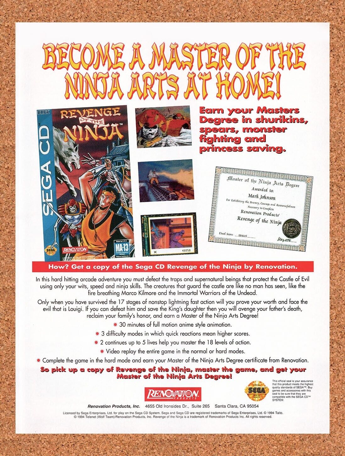 1994 Revenge Of The Ninja Sega CD Original Advertisement / Retro Wall Art v1