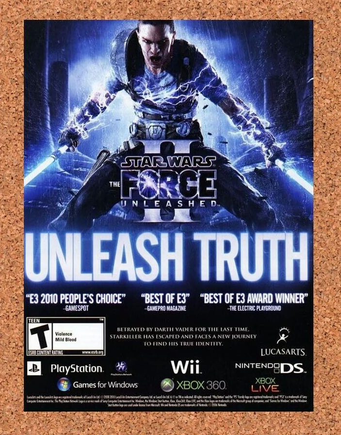 Star Wars Force Unleashed 2 PS3 Original 2007 Ad Authentic Video Game Promo