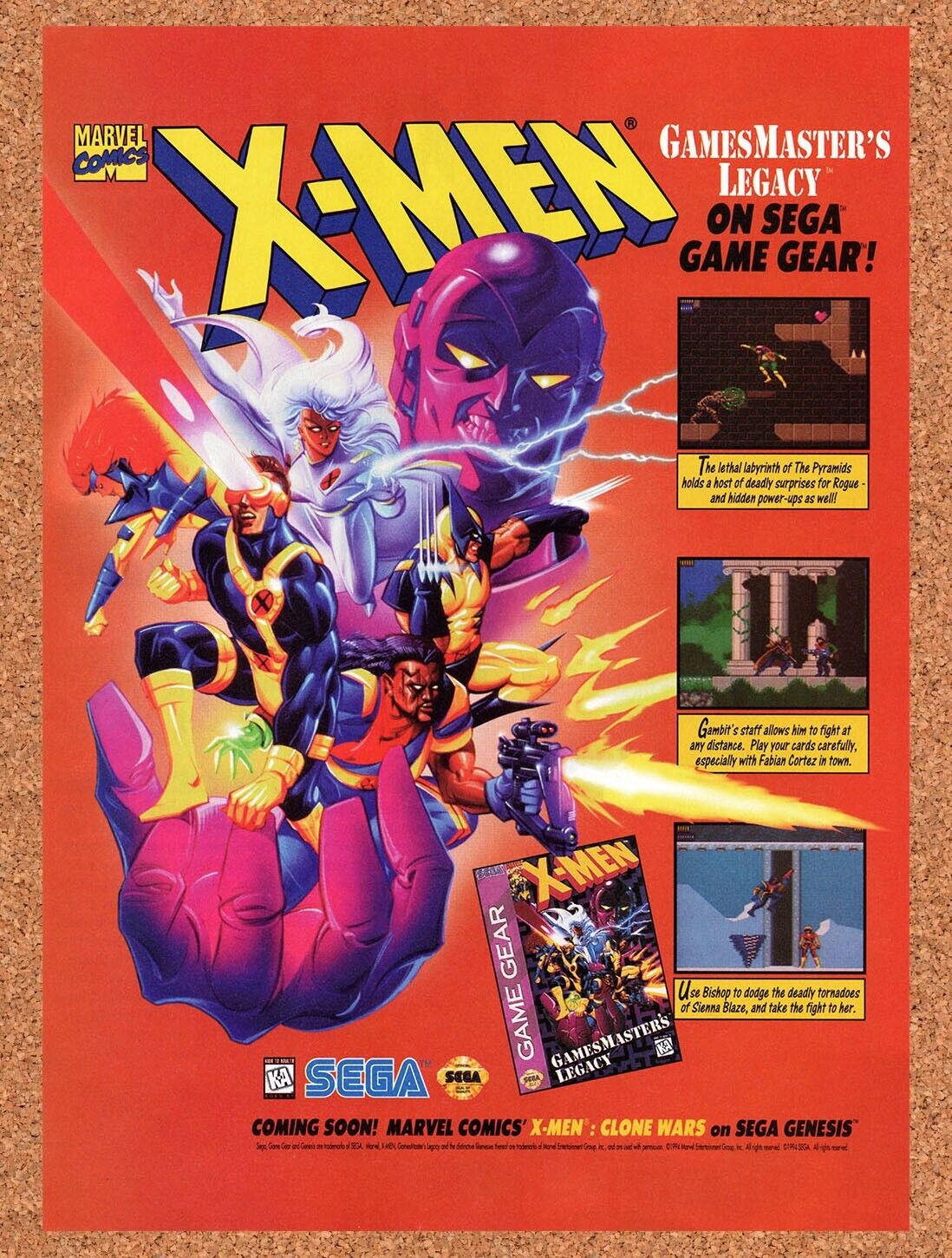 1995 X-Men Gamemasters Legacy Game Gear Original Ad / Retro Wall Art v1