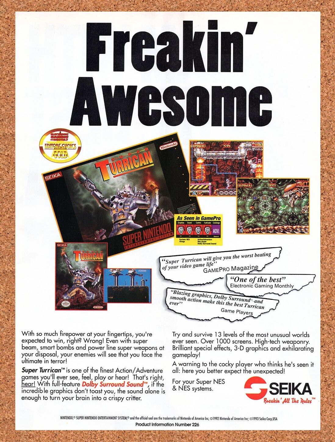 1993 Super Turrican SNES Original Advertisement / Retro Wall Art v1