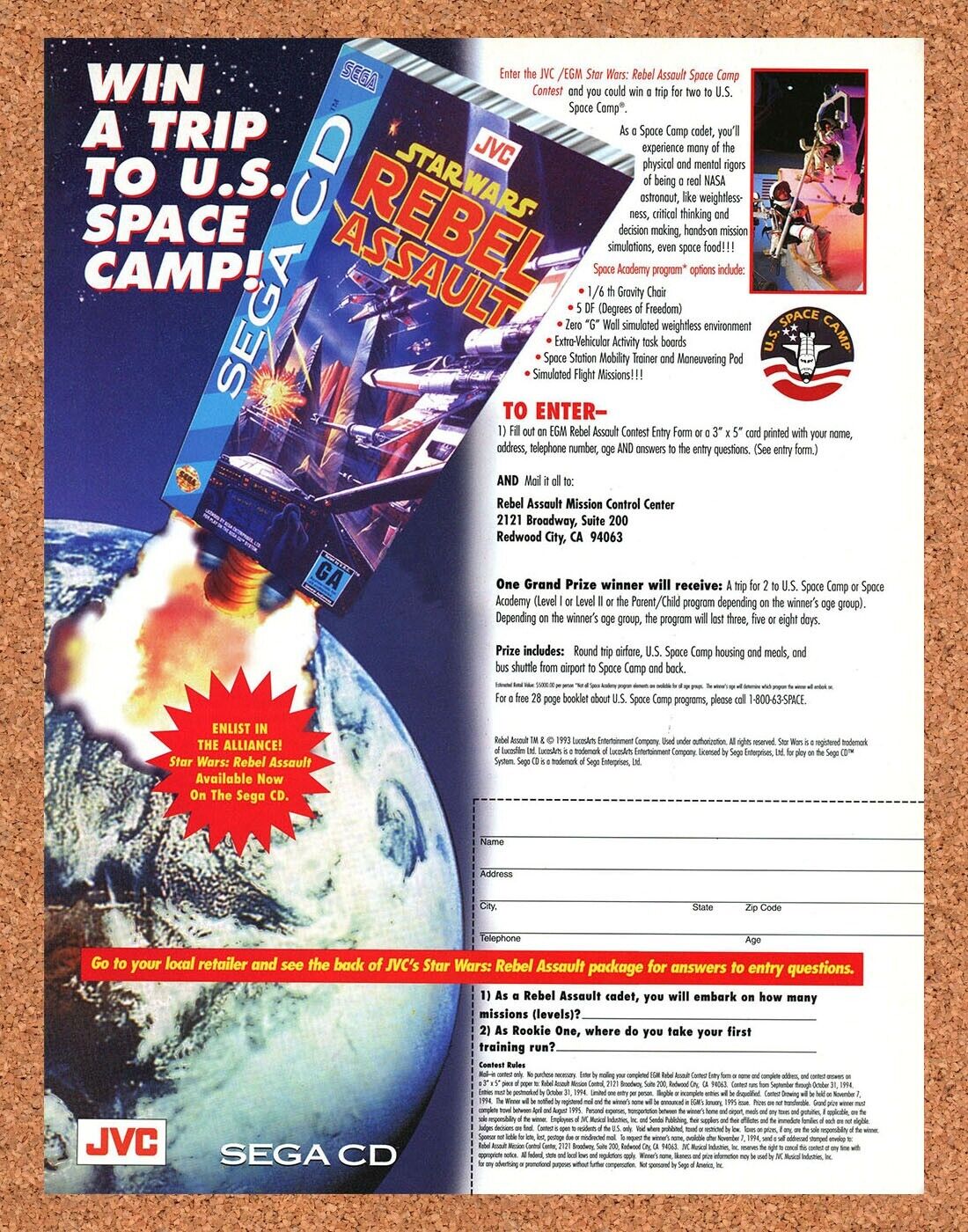 Star Wars Rebel Assault Sega CD Original 1994 Ad Authentic Video Game Promo