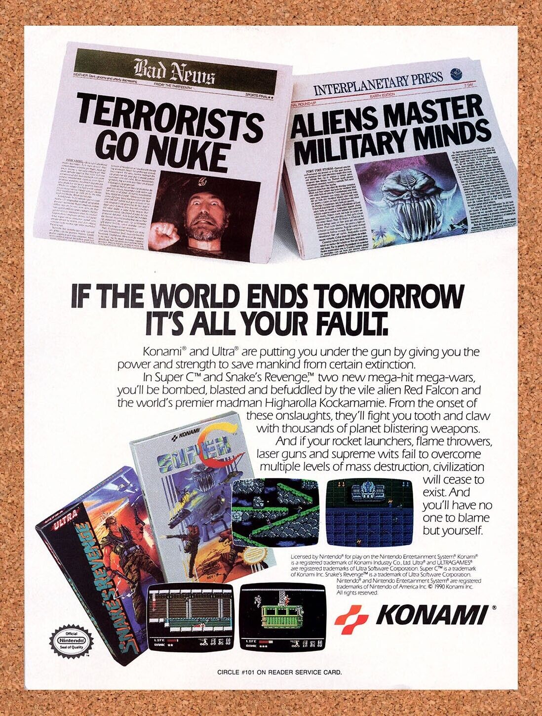 Konami NES Games Original 1990 Vintage Ad - Super C Snakes Revenge Promo