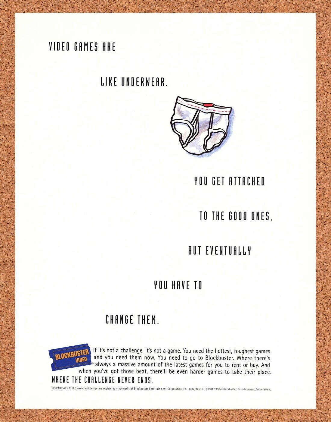 Blockbuster Rentals Original 1994 Print Ad Authentic Funny Video Game Promo