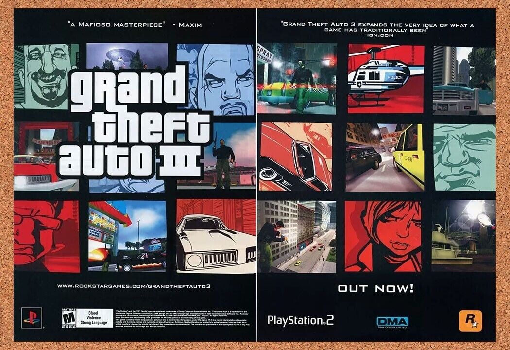 Grand Theft Auto III PS2 GTA3 Original 2002 Ad Authentic Video Game Promo v2