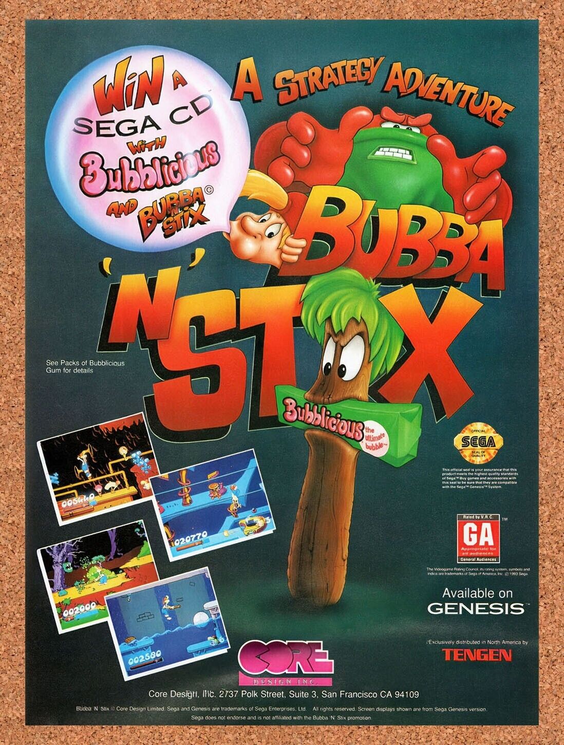 1994 Bubba N Stix Bubblicious Sega CD Sweepstakes Original Ad / Wall Art v1