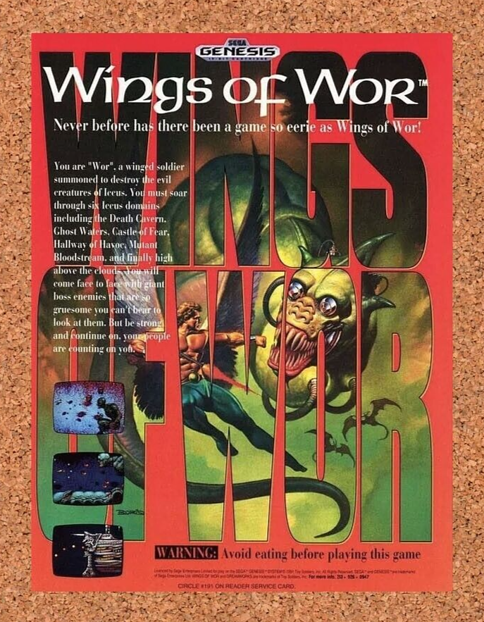 Wings of Wor Genesis Original 1993 Ad Authentic Sega Schmup Video Game Promo