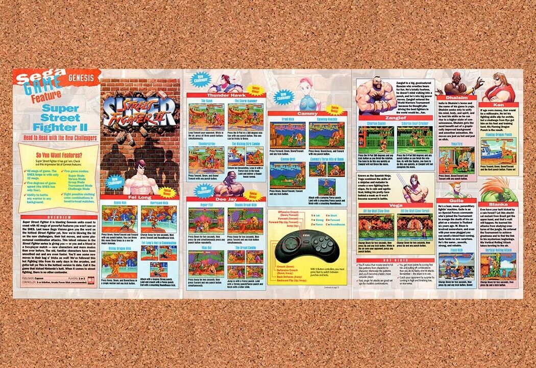 1993 Super Street Fighter II Genesis Original 3-Part Ad / Retro Wall Art v3