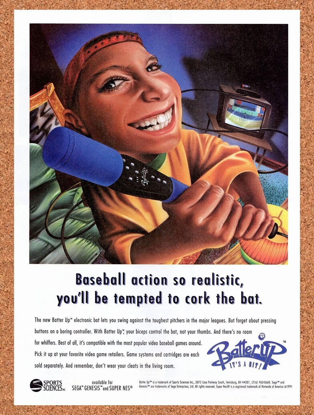 1994 Sports Sciences Batter Up SNES Original Advertisement / Retro Wall Art v1