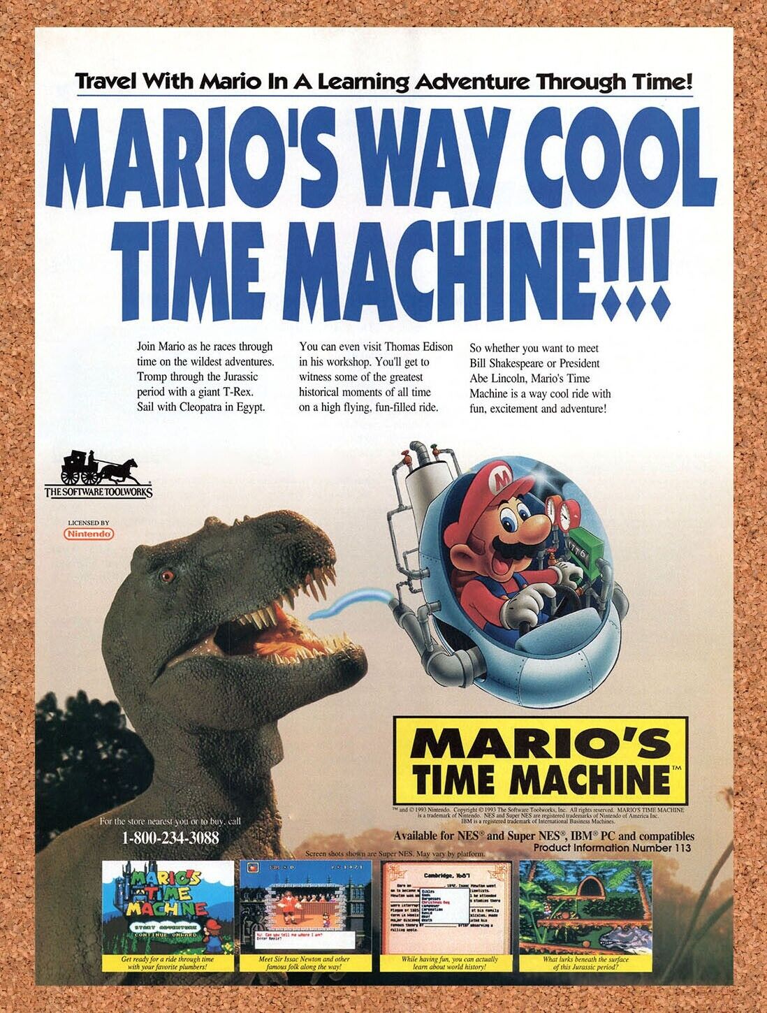1993 Marios Time Machine SNES Original Advertisement / Retro Wall Art v1