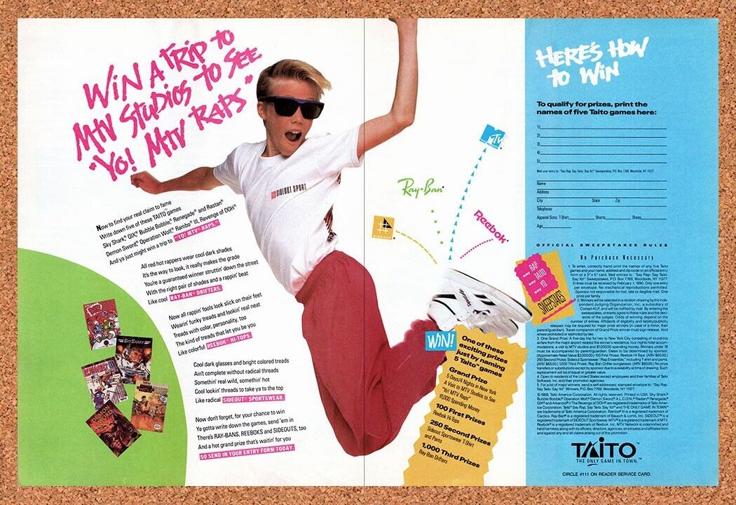 1989 Taito MTV Sweepstakes Original Advertisement / Retro Wall Art v3