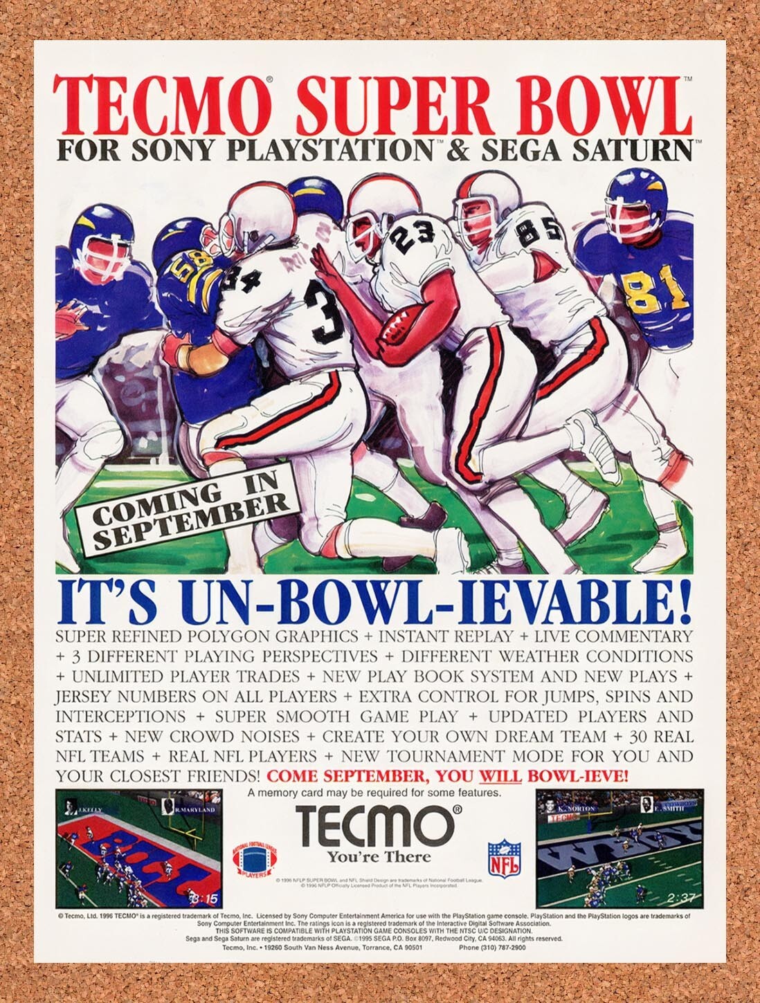 1996 Tecmo Super Bowl PS1 Original Advertisement / Retro Wall Art v1