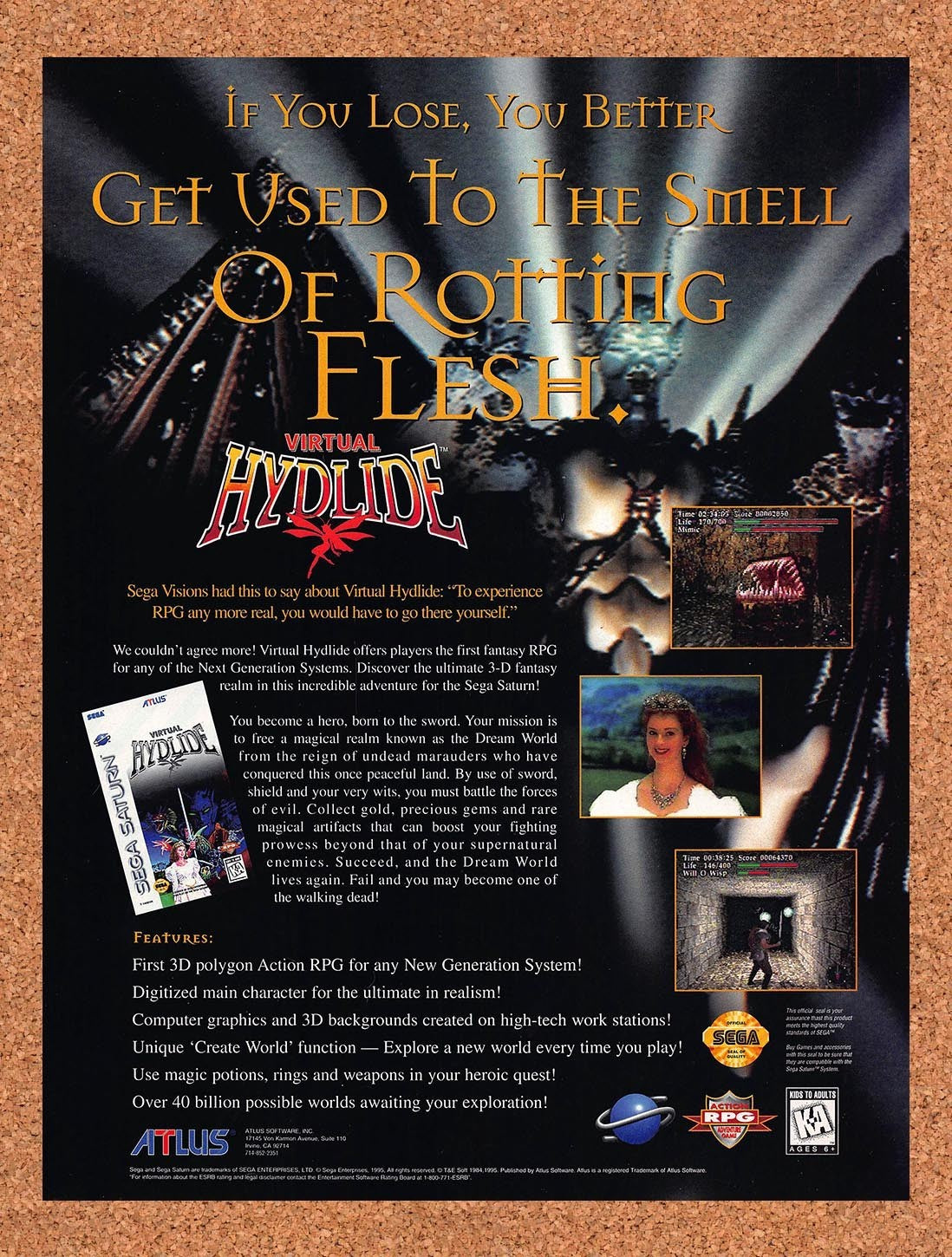 1995 Virtual Hydlide Saturn Original Advertisement / Retro Promo v1