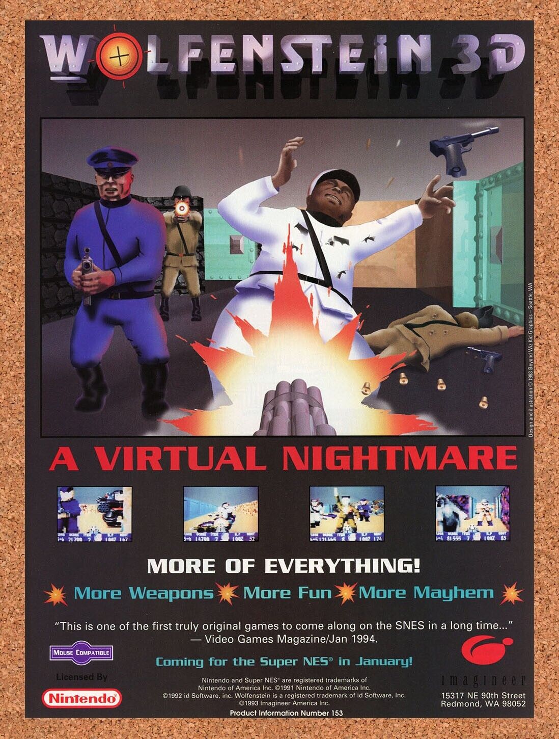 1994 Wolfenstein 3D SNES Original Advertisement / Retro Wall Art v1