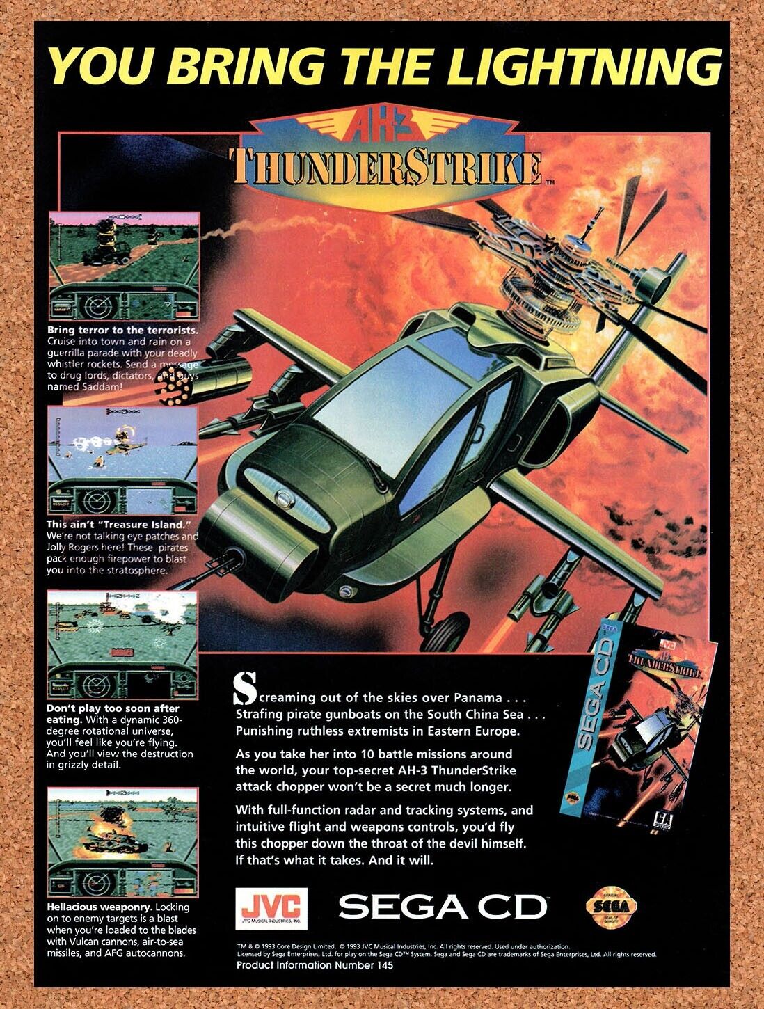 1994 Thunderstrike Sega CD Original Advertisement / Retro Wall Art v1